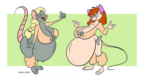 anthro belly big_belly big_breasts blonde_hair bottomwear breasts buckteeth clothing duo eyes_closed female fur gesture grey_body grey_fur hair hand_gesture huge_belly huge_breasts navel open_mouth outie_navel pregnant pregnant_female red_hair tan_body tan_fur teeth thumbs_up topwear dutch_(artist) dazzle_(gamemaster19863) rachel_morrison mammal mouse murid murine rodent 2021 digital_media_(artwork)
