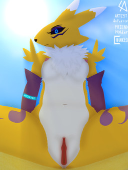 anthro armwear black_sclera blue_sky breasts bridal_gauntlets clothing double_tomoe female fluffy fur genitals glowing glowing_eyes multicolored_body multicolored_fur nipples simple_background sky small_breasts solo spread_legs spreading sun tomoe_(symbol) tuft two_tone_body two_tone_fur vulva white_body white_fur yellow_body yellow_fur yin_yang anfektor bandai_namco digimon canid canine digimon_(species) fox mammal renamon 2025 3:4 absurd_res hi_res shaded