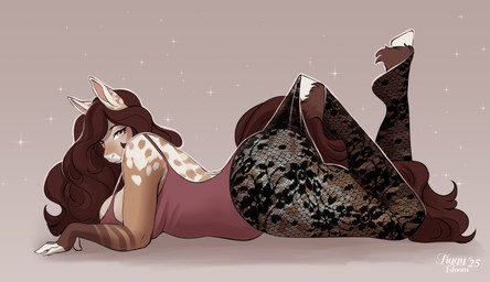 anthro big_butt biped breasts butt clothed clothing eyebrows female hair looking_at_viewer lying pupils side_view simple_background solo tail thick_thighs tiggybloom hooked_on_heel_(trend) equid equine horse mammal 2025 hi_res