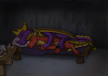 claws cuddling duo feral horn male male/male membrane_(anatomy) membranous_wings sleeping spines tail wings roxasfin activision mythology spyro_the_dragon flame_(spyro) spyro dragon mythological_creature mythological_scalie scalie