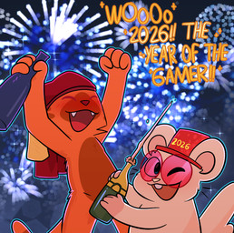 bottle buckteeth campaign celebration clothing container eyewear fangs fireworks fur glasses hat headgear headwear looking_at_viewer nude one_eye_closed orange_body orange_fur red_clothing red_eyes red_eyewear red_glasses red_hat red_headwear shirt_over_face teeth top_hat wink crushpepper oxynard pepper_(crushpepper) felid feline mammal hi_res tagme