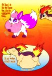 abdominal_bulge blue_eyes burping countershading dialogue eye_spots feral fire fluffy fully_inside male markings mottled mottled_body paws purple_body quadruped red_markings same_size_vore tan_body text vore juccesnaccbar nintendo pokemon belle_(dairysteerie) blitz_(gyro) fan_character eeveelution flareon generation_1_pokemon generation_2_pokemon pokemon_(species) quilava english_text hi_res