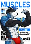 abs anthro biceps biped bulge clothing flexing male male_anthro measuring measuring_muscle muscular muscular_anthro muscular_male pecs pose solo speedo swimwear tape_measure text himahimaa kuro_(kur0z) canid canine canis mammal wolf absurd_res cover english_text hi_res magazine_cover