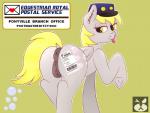 anus blonde_hair butt clothed clothing female genitals hair male male/female partially_clothed presenting pussy simple_background solo tail tail_anus text tongue tongue_out daddy_pone friendship_is_magic hasbro my_little_pony derpy_hooves_(mlp) equid equine horse mammal pony english_text