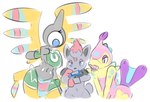 1_eye anthro blue_eyes bottomwear breasts clothing eyelashes female feral fur grey_body grey_fur group lips loincloth midriff pink_body pink_eyes pokemorph red_body red_fur simple_background tail teeth thick_thighs trio white_background yellow_body elpatrixf nintendo pokemon nazca_(elpatrixf) bruxish generation_5_pokemon generation_7_pokemon mammal marine pokemon_(species) sigilyph zorua 2020 digital_media_(artwork)