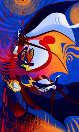 abstract_art abstract_background ambiguous_gender anthro blue_body fangs flying hair no_pupils open_mouth open_smile smile solo sun teeth tongue white_eyes wings yodelinyote bat mammal 2020 3:5 absurd_res full-length_portrait hi_res portrait