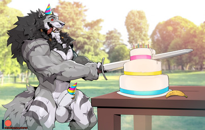 animal_genitalia anthro balls banana black_mane black_nose cake canine_genitalia clothing dessert fangs fingers food fruit fur furgonomic_piercing furgonomics genital_piercing genitals grey_body grey_fur hat hat_on_sheath headgear headwear humanoid_hands male mane melee_weapon muscular muscular_anthro muscular_male nude nude_anthro nude_male open_mouth open_smile party_hat piercing plant ring_piercing sheath sheath_piercing sheath_ring smile solo sword tail teeth weapon patto mythology mjodvitnir canid canine canis mammal mythological_canine mythological_creature werecanid werecanine werecreature werewolf wolf hi_res