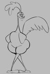 anthro crossed_legs looking_at_viewer male narrowed_eyes simple_background smile smirk solo standing thick_thighs tongue tongue_out smokey_blokey looney_tunes warner_brothers road_runner_(looney_tunes) avian bird cuculiform new_world_ground_cuckoo roadrunner hi_res monochrome