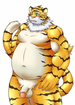 anthro balls belly blush flaccid foreskin genitals green_eyes humanoid_genitalia humanoid_hands humanoid_penis kemono male moobs navel overweight overweight_male penis retracted_foreskin simple_background solo white_background white_body yellow_body seturou1010 felid mammal pantherine tiger 2015