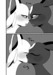 2017 ambiguous/ambiguous ambiguous_gender blush comic eeveelution espeon eyes_closed feral french_kissing generation_2_pokemon grey_background greyscale japanese_text kissing monochrome negoya nintendo pokemon pokemon_(species) simple_background text tongue umbreon