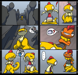 anthro biped bodily_fluids clean_diaper clothed clothing diaper duo_focus ellipsis embarrassed exclamation_point genital_fluids group omorashi red_body simple_background size_difference unclean_diaper urine used_diaper wearing_diaper wet_diaper yellow_body crackajackin nintendo pokemon generation_5_pokemon pokemon_(species) scrafty scraggy 2010 comic digital_media_(artwork)