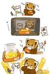 biped black_eyes black_nose chibi dot_eyes duo eyes_closed feral food simple_eyes text shi_nominmin ailurid mammal mustelid musteline red_panda stoat true_musteline weasel 2023 hi_res japanese_text