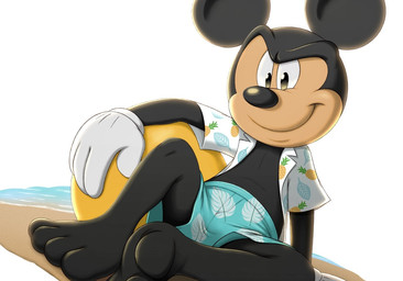 anthro ball beach beach_ball black_body clothed clothing feet foot_focus inflatable male open_clothing open_shirt open_topwear shirt solo suggestive_pose swimming_trunks swimwear topwear mickeyryona disney mickey_mouse mammal mouse murid murine rodent