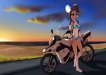 5_fingers anthro beach biker_girl biker_jacket bikini bikini_bottom bikini_top biped blue_eyes bottomwear bra braided_hair breasts brown_hair clothed clothing female fingers front_view fur glowing hair jacket long_hair looking_at_viewer motorcycle nature navel open_mouth outside panties road sand seaside skimpy sky smile solo sunset swimwear topwear two-piece_swimsuit underwear vehicle water mancoin foxyverse samantha_silverin chipmunk ground_squirrel mammal rodent sciurid hi_res signature