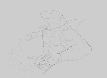 anthro citrus_fruit clothed clothing container cup dorsal_fin eyes_closed fin food fruit gills grin holding_container holding_cup holding_food holding_fruit holding_object jewelry male male_anthro muscular muscular_anthro muscular_male necklace pecs plant simple_background smile solo topwear aduran fish marine shark absurd_res hi_res monochrome sketch