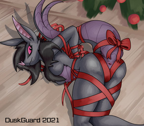 accessory anthro anus anus_only bdsm big_ears black_hair bondage bound bow_(feature) bow_accessory bow_ribbon breasts butt christmas_tree entangled female forked_tail furgonomics gift_wrapped hair holidays inside looking_at_viewer neck_tuft pink_eyes plant presenting presenting_anus presenting_hindquarters purple_body purple_scales raised_tail ribbon_bondage ribbons scales small_breasts smile solo tail tail_accessory tail_bow tail_ribbon tree tuft unusual_anatomy unusual_tail duskguard christmas habu_(duskguard) bat chimera mammal reptile scalie snake hi_res
