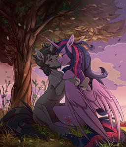 black_body black_fur black_mane black_tail blush cutie_mark duo eyes_closed feathered_wings feathers female feral fur highlights_(coloring) horn hug kissing male male/female mane nature outside pink_highlights plant purple_body purple_feathers purple_fur purple_mane purple_tail purple_wings scar sitting smile sunset tail tree wings ponsex friendship_is_magic hasbro my_little_pony mythology iratus_arcana twilight_sparkle_(mlp) equid equine mammal mythological_creature mythological_equine unicorn winged_unicorn 2020 absurd_res digital_media_(artwork) hi_res