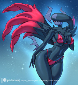 anthro bikini black_body black_fur breasts clothed clothing female fur horn looking_at_viewer one_wing solo swimwear text two-piece_swimsuit wings alanscampos nintendo pokemon pokemon_legends_z-a generation_9_pokemon mammal mega_absol_z mega_evolution pokemon_(species) 2026 hi_res url