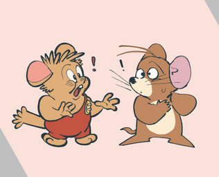 anthro biped black_nose brown_body clothed clothing duo exclamation_point open_mouth simple_background surprised gb_hattahatta gamba_no_bouken gamba_no_bouken_(series) metro-goldwyn-mayer tom_and_jerry ganba jerry_mouse mammal mouse murid murine rodent 2026 crossover hi_res
