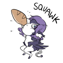 anthro beak blue_eyes bread feathers female food grey_body grey_feathers hair simple_background solo tail tail_tuft tuft white_body white_feathers wings glacierclear birddi avian bird 1:1 digital_media_(artwork) hi_res meme