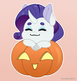 big_ears chibi embarrassed eyes_closed female feral food fruit hair horn jack-o'-lantern long_hair magic plant pumpkin smile solo unicorn_horn volodyanocturne friendship_is_magic hasbro my_little_pony rarity_(mlp) equid equine horse mammal pony hi_res