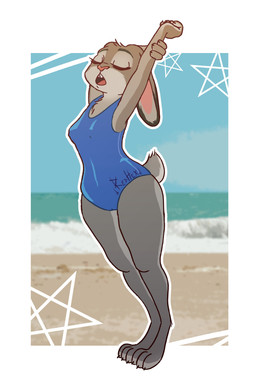 anthro blue_clothing blue_swimwear breasts buckteeth clothing dipstick_ears ear_markings ears_down eyelashes eyes_closed female female_anthro front_view fur grey_body grey_fur multicolored_ears one-piece_swimsuit open_mouth pink_nose pivoted_ears solo stretching swimwear teeth thick_thighs wide_hips redhex disney zootopia judy_hopps european_rabbit lagomorph leporid mammal oryctolagus rabbit absurd_res hi_res