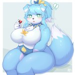 1:1 2022 anthro big_breasts blue_body blue_fur blue_hair blush breasts canid canine canis clothed clothing curvy_figure cute_fangs digital_media_(artwork) dipstick_ears dipstick_tail domestic_dog ear_markings female female_anthro floppy_ears fur hair hi_res holding_object kemono looking_at_viewer mammal markings mochi_tap_wonderland multicolored_body multicolored_ears multicolored_fur multicolored_hair ponytail shibaemonxsk solo tail tail_markings thick_thighs touka_(mochi_tap_wonderland) two_tone_body two_tone_ears two_tone_fur two_tone_hair two_tone_tail voluptuous white_body white_fur white_hair wide_hips