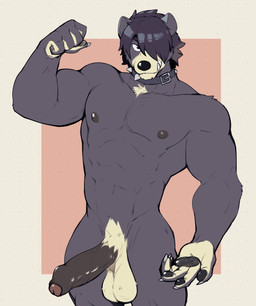anthro balls biceps collar flexing flexing_bicep foreskin genitals hair hair_over_eye humanoid_genitalia humanoid_penis male muscular muscular_anthro muscular_male nipples nude nude_anthro nude_male penis solo spiked_collar spikes vein veiny_penis jrjresq marsh_(jrjresq) american_black_bear bear black_bear mammal ursine absurd_res hi_res