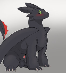 animal_genitalia animal_penis balls black_body black_scales blush bodily_fluids claws cum cum_drip cum_string dripping feet feral finger_claws genital_fluids genitals gradient_background green_eyes grey_background looking_at_viewer male membrane_(anatomy) membranous_wings paws penis penis_tip precum quadruped scales sheath shy simple_background sitting solo tail toe_claws toes wings bluepanda115 dreamworks european_mythology how_to_train_your_dragon mythology toothless dragon fury_(httyd) mythological_creature mythological_scalie night_fury reptile scalie western_dragon absurd_res hi_res