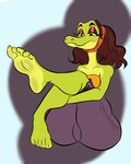 absurd_res anthro barefoot big_butt butt dawn_(silverscarf) feet female foot_fetish green_body green_skin half-closed_eyes hi_res humanoid_feet legs_up mrtjuino1 narrowed_eyes plantigrade reptile scalie sitting snake soles solo thick_thighs toes vine_snake wide_hips