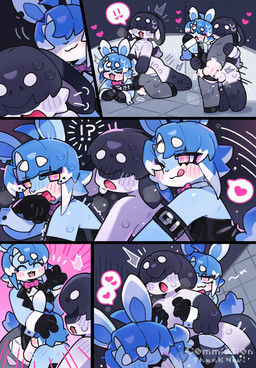 anthro big_breasts big_butt bodily_fluids breasts butt cum cum_on_penis femboy genital_fluids genitals group love male male/male penis pose sex trio trio_in_panel nan_014ne fan_character lagomorph leporid mammal rabbit hi_res pinup