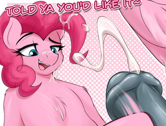 animal_genitalia animal_penis blue_eyes bodily_fluids cum cum_on_face dialogue disembodied_penis duo equine_genitalia equine_penis eyelashes female fur genital_fluids genitals hair hooves male male/female open_mouth penile penis pink_body pink_hair pupils simple_background smile text czu friendship_is_magic hasbro my_little_pony pinkie_pie_(mlp) equid equine mammal english_text