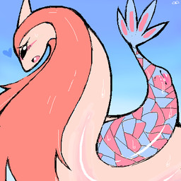blush bodily_fluids female feral genital_fluids genitals looking_back open_mouth serpentine solo sweat vaginal_fluids vulva conditional_dnp exed_eyes nintendo pokemon generation_3_pokemon milotic pokemon_(species) 1:1 aliasing digital_media_(artwork) low_res source_request