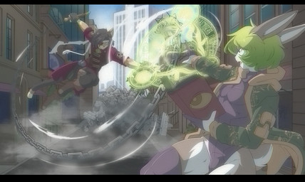 anthro biped black_bars book bulge chain clothed clothing duo fight green_hair grimoire hair magic magic_user male tail munkeesgomu lotte_(munkeesgomu) munks_(munkeesgomu) domestic_cat felid feline felis lagomorph leporid mammal rabbit letterbox