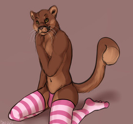 anthro brown_body brown_fur bulge clothing countershade_crotch countershade_face countershade_neck countershade_tail countershade_torso countershading fur kneeling legwear looking_at_viewer male male_anthro mostly_nude mostly_nude_anthro mostly_nude_male simple_background solo stockings tail tan_body tan_fur whiskers mintyderg cougar felid feline mammal 2016