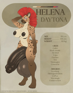 anthro balls big_balls big_penis breasts brown_balls brown_penis ear_piercing flaccid foreskin fur genitals glistening glistening_balls glistening_genitalia glistening_penis gynomorph hair huge_balls huge_penis hyper hyper_balls hyper_genitalia hyper_penis intersex looking_at_viewer mohawk navel nipples nude penis piercing purple_eyes red_hair smile solo text vein veiny_penis yellow_body yellow_fur noitro helena_daytona animal_humanoid humanoid hyena mammal mammal_humanoid english_text hi_res model_sheet