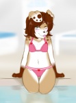 anthro bikini biped blush brown_hair clothed clothing female hair heterochromia looking_at_viewer navel sitting skimpy solo swimming_pool swimwear tongue two-piece_swimsuit water young young_anthro young_female ethersaga miaska_aleksandrova canid canine canis domestic_dog husky mammal nordic_sled_dog spitz hi_res