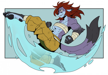 5_fingers 5_toes abs ankle_wraps anthro arm_wraps bare_shoulders big_breasts black_nails bottomwear breasts chest_wraps clothed clothing colored_nails dipstick_ears dipstick_tail ear_markings eye_patch eyewear feet female fingers fist fur hair humanoid_feet humanoid_hands kick leg_wraps long_hair long_tail markings multicolored_ears muscular muscular_anthro muscular_female nails pants plant plantigrade purple_body purple_fur red_hair soles solo tail tail_markings toes under_boob water wraps yellow_eyes ceehaz elancia_chronicles verse_mcdowell aquatic canid canine fish fox hybrid mammal shark 2025 hi_res trans_(lore) trans_woman_(lore)