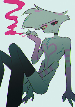 4_arms anthro boots boots_only cigarette clothing footwear footwear_only legwear male mostly_nude multi_arm multi_limb shoes smoke smoking smoking_cigarette solo thigh_boots thigh_highs enaic31 hazbin_hotel hellaverse angel_dust arachnid arthropod demon spider absurd_res hi_res