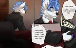 anthro black_nose blue_hair blue_nose canid canine chloe-dog clothed clothing comic dialogue digital_media_(artwork) electronics english_text fur hair inside male mammal necktie pen phone shaded solo speech_bubble text white_body white_fur