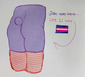 anthro butt clothing female legwear lgbt_pride presenting presenting_hindquarters pride_colors renamed slightly_chubby solo text thigh_highs transgender_pride_colors tf2_demo_2004 glitch_productions the_amazing_digital_circus jax_(tadc) lagomorph leporid mammal rabbit english_text hi_res traditional_media_(artwork) trans_(lore) trans_woman_(lore)