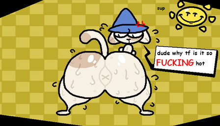 ambiguous_gender angry anthro anus big_butt blue_clothing blue_wizard_hat bodily_fluids bubble_butt butt cat_tail clothing cross-popping_vein dialogue ear_markings ears_down fur glistening glistening_body glistening_butt glistening_fur hat hat_only headgear headgear_only headwear headwear_only huge_butt looking_at_self looking_back markings mostly_nude multicolored_body multicolored_butt multicolored_fur multicolored_tail pattern_background pivoted_ears raised_tail simple_background smile smiley_face solo speech_bubble spots spotted_markings star sun sweat sweatdrop sweating_profusely tail talking_to_another talking_to_self text thick_thighs wizard_hat x_anus yellow_background nxyitn cleo_(nxyitn) felid feline mammal 7:4 aliasing digital_media_(artwork)