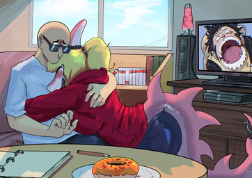 5_fingers anthro bald bent_over big_breasts blonde_hair blush blush_lines bodily_fluids bone_frill bottomwear braces breasts clothing crying curvy_figure denim denim_bottomwear denim_clothing dessert detailed_background doughnut duo electronics eyes_closed eyewear female female_on_human fingers food frill_(anatomy) hair hoodie hug huge_breasts human_on_anthro inside interspecies jeans lamp lava_lamp leaning leaning_forward light-skinned_male light_body light_skin long_hair long_tail male male/female male_on_anthro multicolored_body multicolored_scales notebook open_mouth pants pastry pencil_(object) pink_body pink_scales ponytail red_clothing red_hoodie red_topwear scales snout speaker spiked_tail spikes spikes_(anatomy) sunglasses tail tears television topwear two_tone_body two_tone_scales voluptuous voluptuous_anthro voluptuous_female white_body white_scales window sakamtosng cavemanon_studios i_wani_hug_that_gator one_piece inco_(iwhtg) mia_moretti monkey_d._luffy dinosaur hadrosaurid human mammal ornithischian ornithopod parasaurolophus prehistoric_species reptile scalie 2026 absurd_res crossover digital_drawing_(artwork) digital_media_(artwork) hi_res