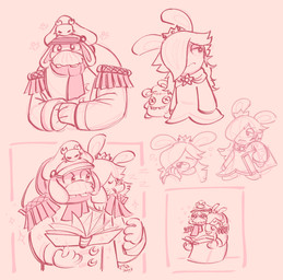 4_fingers anthro arms_bent bodily_fluids book buckteeth carrying_another closed_frown clothed clothed_anthro clothed_female clothed_male clothing coat crown crying duo ear_piercing ears_down eyes_closed facial_hair featureless_legs female female_anthro fingers flower frown hair hair_over_eye half-closed_eyes hat headgear headwear holding_book holding_object larger_anthro larger_male long_ears long_hair looking_back male male_anthro mitten_hands mouth_closed mustache narrowed_eyes noseless on_shoulder open_book open_mouth peaked_cap piercing pink_background pink_inner_ear pink_scarf pivoted_ears plant plushie scarf simple_background size_difference sleeping smaller_anthro smaller_female sound_effects sparkles sparkling_eyes star_ear_ring tears tears_of_joy teeth tongue topwear vowelless vowelless_sound_effect yawn zzz cellystars mario_plus_rabbids_sparks_of_hope raving_rabbids rayman_(series) ubisoft captain_orion rabbid_rosalina lagomorph mammal rabbid 2024 digital_drawing_(artwork) digital_media_(artwork) english_description guide_lines hi_res multiple_scenes pink_theme sketch_page