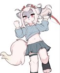 anthro blush bodily_fluids bottomwear bow_(weapon) circle_eyebrows clothing eyebrows female inner_ear_fluff kemono pawpads ranged_weapon simple_background skirt solo sweat tuft weapon white_background young young_anthro young_female crayon_(artist) onmyoji hakuro_(onmyoji) canid canine canis mammal wolf hi_res