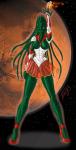 blue_eyes bottomwear breasts camel_toe clothing cosplay female fire footwear green_body green_nipples green_skin high_heels nipples ofuda shoes skirt solo talisman grriva gigeresque_(genre) sailor_moon_(series) species_(films) sailor_mars sil_(species) alien alien_humanoid humanoid hi_res