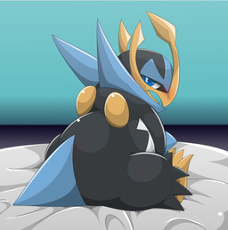 ambiguous_gender open_mouth simple_background solo type nintendo pokemon empoleon generation_4_pokemon pokemon_(species) 2015 hi_res