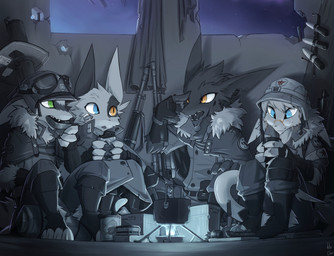 anthro blue_eyes clothing green_eyes group gun male military military_uniform night orange_eyes ranged_weapon rifle soldier uniform warrior weapon kluclew mythology dragon mythological_creature mythological_scalie scalie hi_res