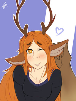 antlers blush brown_body brown_fur clothed clothed_female clothing duo female fur hair happy heart_symbol horn light_body light_skin long_hair looking_at_viewer one_eye_closed orange_eyes orange_hair simple_background smile smiling_at_viewer solo_focus sweater topwear 4te animal_humanoid deer deer_humanoid faun humanoid mammal mammal_humanoid satyr absurd_res hi_res