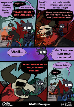 annoyed anthro apron armwear back_wings barbecue barbecue_grill black_body black_bottomwear black_clothing black_fingerless_gloves black_fur black_gloves black_handwear black_sclera black_shirt black_skirt black_speech_bubble black_tongue black_topwear blue_bottomwear blue_clothing blue_pants bodily_fluids bone bottomwear burger_patty cemetery clothed clothed_anthro clothed_female clothed_male clothing color_coded color_coded_speech_bubble dialogue duo female fingerless_gloves fire fishnet_armwear fishnet_clothing fishnet_topwear forked_tail fully_clothed fully_clothed_anthro fully_clothed_female fully_clothed_male fur gloves grill handwear holding_object holding_spatula holding_tool horn male nervous nervous_smile open_mouth pants purple_speech_bubble red_body red_text roommate shirt skirt skull skull_head snake_tattoo spatula speech_bubble sweat sweatdrop tail tattoo text tombstone tongue tools topwear unusual_anatomy unusual_tail white_eyes white_sclera wings worried yelling happyroadkill satan the_devil vixen_"fuck-alliteration"_raven avian bird corvid corvus_(genus) demon oscine passerine raven 2026 absurd_res comic english_text hi_res multiple_scenes trans_(lore) trans_woman_(lore)